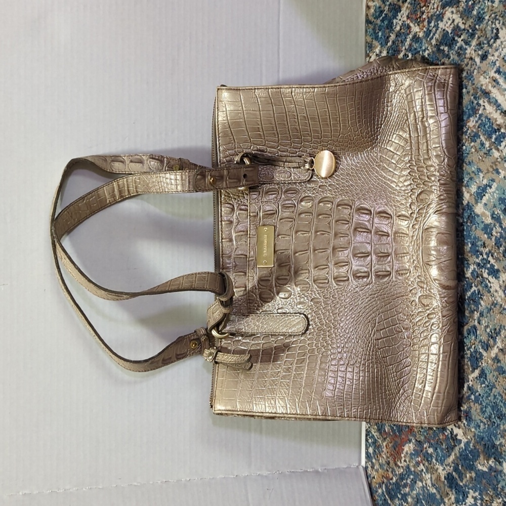 Brahmin Pyrite Silver Champagne Gold Croc Embossed Genuine Leather Shoulder Bag